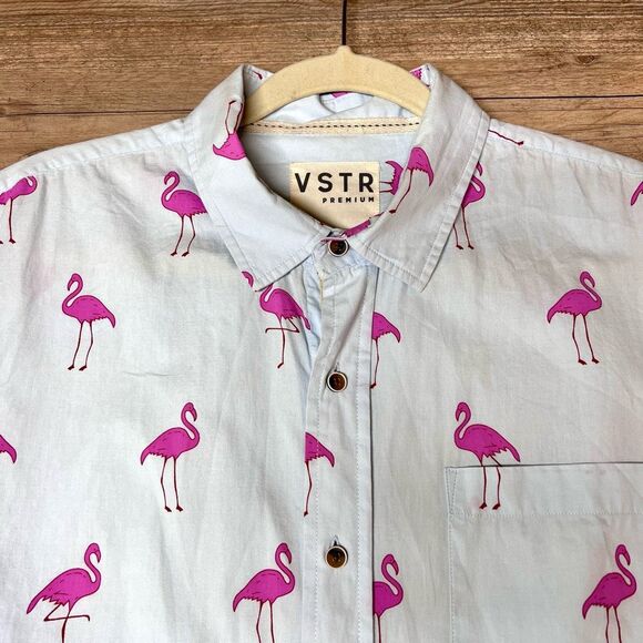 VSTR Premium Mens Blue Pink‎ Flamingos Short Sleeve Button Up Shirt Size Medium - Picture 1 of 7